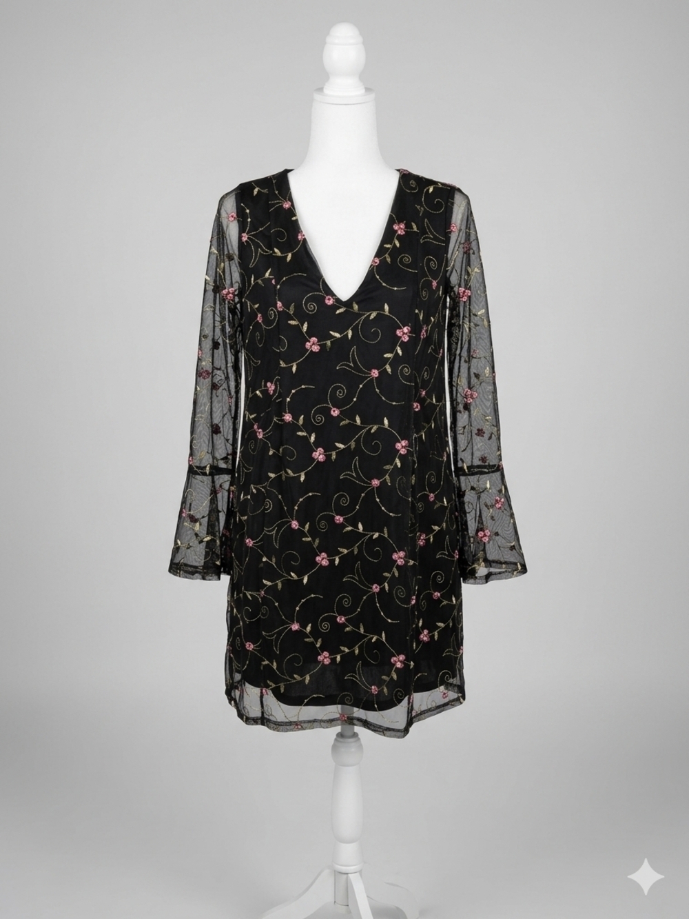 BCBGeneration Floral Embroidered Mesh Mini Dress - Size XS - V-Back Tie